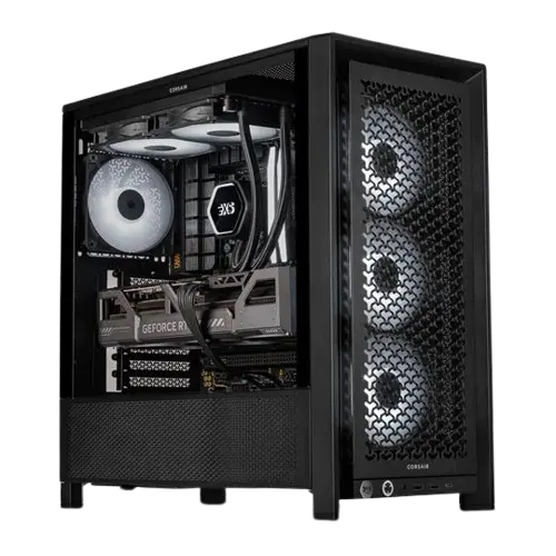 Performance Gaming desktop PC in a white high-airflow case with liquid cooling and RGB lighting
